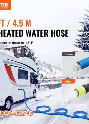 15ft Heated Water Hose for RV, Heated Drinking Water Hose with Corrugated Cover Antifreeze to -45°F, Automatic Self-regulating, 5/8" I.D. with 3/4" GHT Adapter, Lead and BPA Free