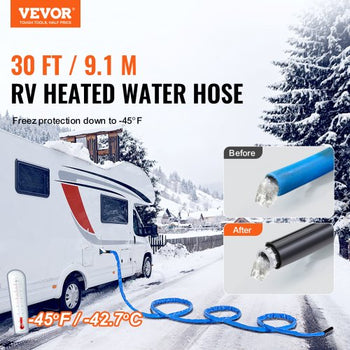 30ft Heated Water Hose for RV, Heated Drinking Water Hose with Corrugated Cover Antifreeze to -45°F, Automatic Self-regulating, 5/8" I.D. with 3/4" GHT Adapter, Lead and BPA Free