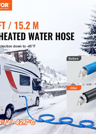 50ft Heated Water Hose for RV, Heated Drinking Water Hose with Corrugated Cover Antifreeze to -45°F, Automatic Self-regulating, 5/8" I.D. with 3/4" GHT Adapter, Lead and BPA Free