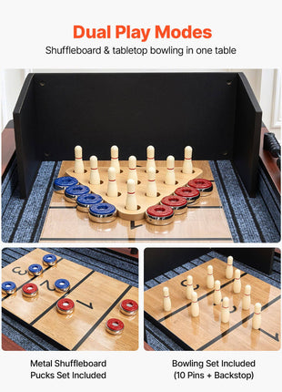 12 ft Shuffleboard Table, 2 in 1 Shuffleboard and Bowling Combo Set, Shuffle Board with Rustic Wood Finish, Scratch-Resistant Playfield, 8 Pucks, Bowling Set, Wax, Brush, for Family Game Room