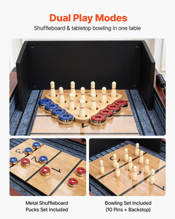 12 ft Shuffleboard Table, 2 in 1 Shuffleboard and Bowling Combo Set, Shuffle Board with Rustic Wood Finish, Scratch-Resistant Playfield, 8 Pucks, Bowling Set, Wax, Brush, for Family Game Room