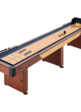 12 ft Shuffleboard Table, 2 in 1 Shuffleboard and Bowling Combo Set, Shuffle Board with Rustic Wood Finish, Scratch-Resistant Playfield, 8 Pucks, Bowling Set, Wax, Brush, for Family Game Room