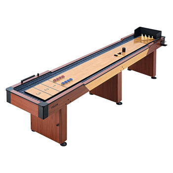 12 ft Shuffleboard Table, 2 in 1 Shuffleboard and Bowling Combo Set, Shuffle Board with Rustic Wood Finish, Scratch-Resistant Playfield, 8 Pucks, Bowling Set, Wax, Brush, for Family Game Room