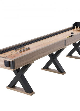 Shuffleboard Table, 11.5 ft Shuffleboard for Family Game Rooms, 2 in 1 Shuffleboard and Bowling Combo Game Set, with Scratch-Resistant Playfield, Legs, 8 Pucks, Bowling Set, Wax, and Table Brush