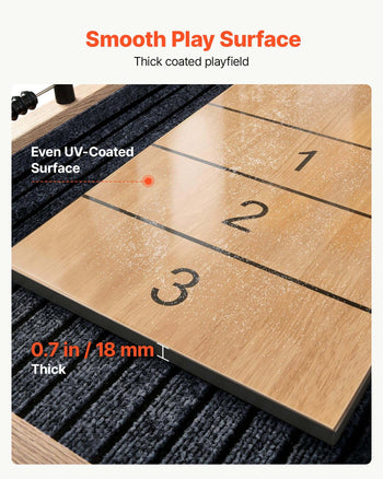 9 ft Shuffleboard Table, Scratch-Resistant Playfield for Smooth, Fast Puck Action, Pedestal Legs with Levelers for Optimum Stability, Shuffle Board w/ 8 Pucks, Wax, Brush, for Family Game Room