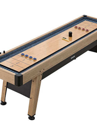 9 ft Shuffleboard Table, Scratch-Resistant Playfield for Smooth, Fast Puck Action, Pedestal Legs with Levelers for Optimum Stability, Shuffle Board w/ 8 Pucks, Wax, Brush, for Family Game Room