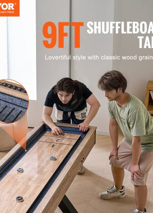 Shuffleboard Table, 9 ft Shuffleboard for Family Game Rooms, 2 in 1 Shuffleboard and Bowling Combo Game Set, with Scratch-Resistant Playfield, Legs, 8 Pucks, Bowling Set, Wax, and Table Brush