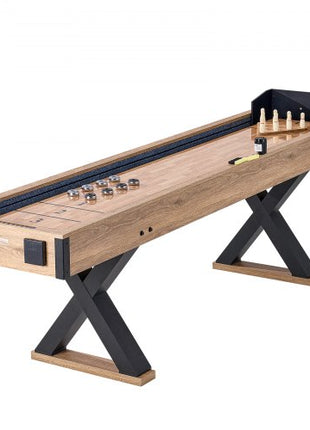 Shuffleboard Table, 9 ft Shuffleboard for Family Game Rooms, 2 in 1 Shuffleboard and Bowling Combo Game Set, with Scratch-Resistant Playfield, Legs, 8 Pucks, Bowling Set, Wax, and Table Brush