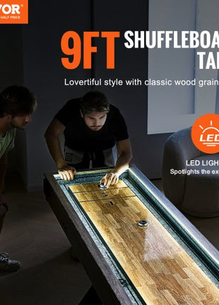 Shuffleboard Table, 9 ft LED Light Up Shuffleboard for Family Game Room, 2 in 1 Shuffleboard and Bowling Combo Game Set, with Scratch-Resistant Playfield, Legs, 8 Pucks, Bowling Set, Wax, Brush