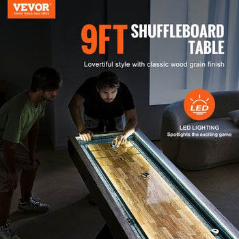 Shuffleboard Table, 9 ft LED Light Up Shuffleboard for Family Game Room, 2 in 1 Shuffleboard and Bowling Combo Game Set, with Scratch-Resistant Playfield, Legs, 8 Pucks, Bowling Set, Wax, Brush