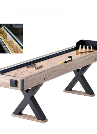 Shuffleboard Table, 9 ft LED Light Up Shuffleboard for Family Game Room, 2 in 1 Shuffleboard and Bowling Combo Game Set, with Scratch-Resistant Playfield, Legs, 8 Pucks, Bowling Set, Wax, Brush