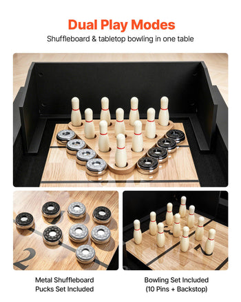9 ft LED Shuffleboard Table, 2 in 1 Shuffleboard and Bowling Combo Set, Shuffle Board with Light‑Up Rails, Scratch-Resistant Playfield, 8 Pucks, Bowling Set, Wax, Brush, for Family Game Room