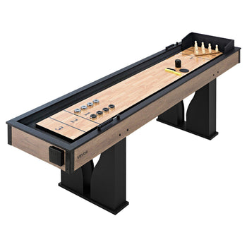 9 ft LED Shuffleboard Table, 2 in 1 Shuffleboard and Bowling Combo Set, Shuffle Board with Light‑Up Rails, Scratch-Resistant Playfield, 8 Pucks, Bowling Set, Wax, Brush, for Family Game Room