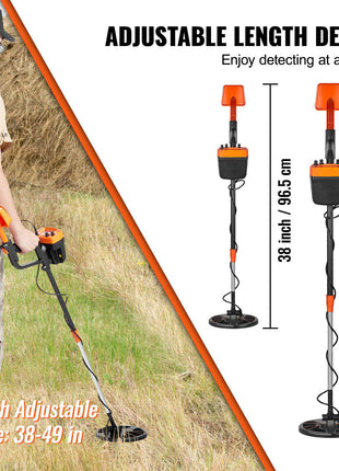 Adjustable orange and black metal detector, 11-inch coil, lengths 38-49 inches, ideal for outdoor treasure hunting.