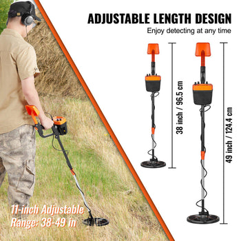 Adjustable orange and black metal detector, 11-inch coil, lengths 38-49 inches, ideal for outdoor treasure hunting.