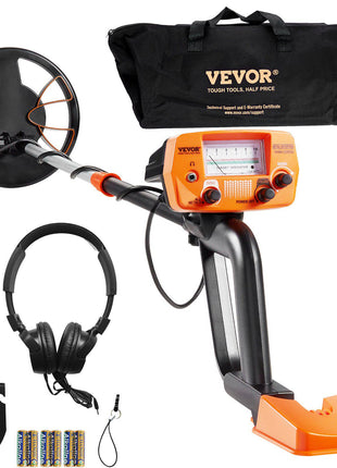 VEVOR metal detector kit in orange and black with headphones, shovel, and carrying bag, ideal for treasure hunting.