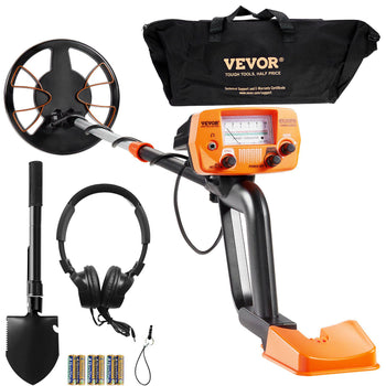 VEVOR metal detector kit in orange and black with headphones, shovel, and carrying bag, ideal for treasure hunting.