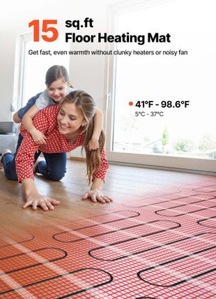 15 sqft Self-Adhesive Mesh Floor Heating Mat System, 120V Electric Radiant Heated Floor System, with Smart Control Thermostat & Alarm, Easy Installation for Tile, Stone, Vinyl