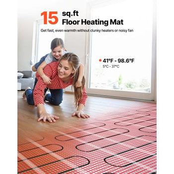 15 sqft Self-Adhesive Mesh Floor Heating Mat System, 120V Electric Radiant Heated Floor System, with Smart Control Thermostat & Alarm, Easy Installation for Tile, Stone, Vinyl