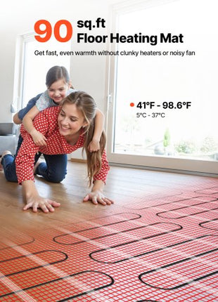 90 sqft Self-Adhesive Mesh Floor Heating Mat System, 120V Electric Radiant Heated Floor System, with Smart Control Thermostat & Alarm, Easy Installation for Tile, Stone, Vinyl