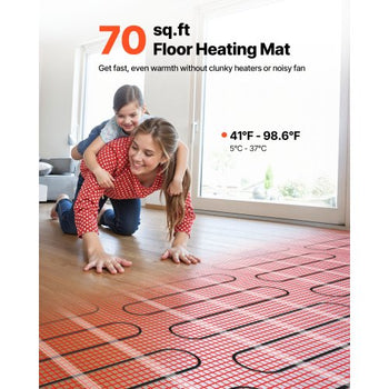 70 sqft Self-Adhesive Mesh Floor Heating Mat System, 120V Electric Radiant Heated Floor System, with Smart Control Thermostat & Alarm, Easy Installation for Tile, Stone, Vinyl