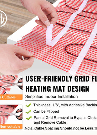 Red grid floor heating mat with adhesive backing, 1/8" thick, cuttable design for easy installation and flexibility.