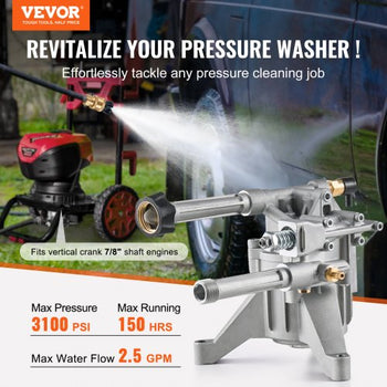Pressure Washer Pump, 7/8" Shaft Vertical, 3100 PSI, 2.5GPM, Replacement Power Washer Pumps Kit with 5 Nozzles, Compatible with Briggs & Stratton, Generac, Devilbiss, Troy Bilt, Honda, Craftsman