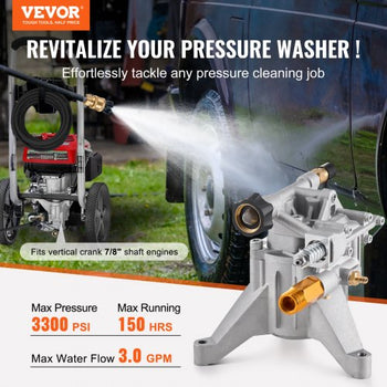 Pressure Washer Pump, 7/8" Shaft Vertical, 3300 PSI, 3.0GPM, Replacement Power Washer Pumps Kit with 5 Nozzles, Hardware and Siphon Tube, Compatible with RYOBI, Honda, Briggs and Stratton