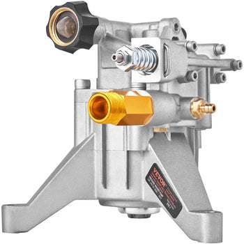 Silver high-pressure washer pump with brass fittings and a black control knob designed for durability and performance.