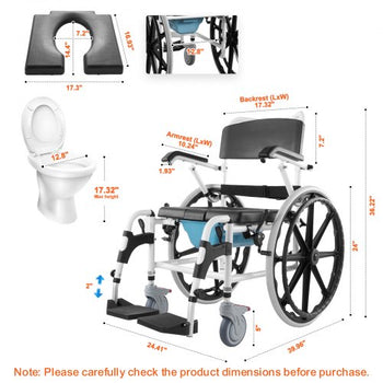 Shower Wheelchair, 17.5in Width Aluminum Alloy Bathroom Wheelchair for Inside Shower, Adjustable Rolling Shower Chair w/ Brake for Disabled Adult, 300 lbs Capacity Shower Commode Transport Chair