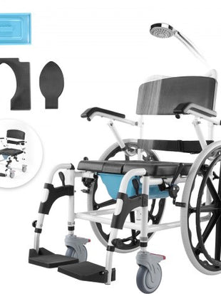 Shower Wheelchair, 17.5in Width Aluminum Alloy Bathroom Wheelchair for Inside Shower, Adjustable Rolling Shower Chair w/ Brake for Disabled Adult, 300 lbs Capacity Shower Commode Transport Chair