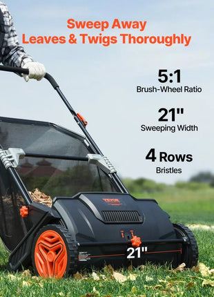 Push Lawn Sweeper, 21inch Leaf & Grass Collector, Strong Plastic Wheels & Heavy Duty Thickened Steel Durable to Use with Large Capacity 3.5 cu. ft. Mesh Collection Hopper Bag, 2 Spinning Brushes