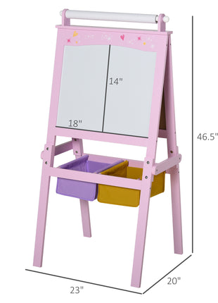 3 In 1 Kids Wooden Art Easel with Paper Roll, Double-Sided, Chalkboard & Whiteboard, Storage Baskets, Pink