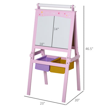 3 In 1 Kids Wooden Art Easel with Paper Roll, Double-Sided, Chalkboard & Whiteboard, Storage Baskets, Pink