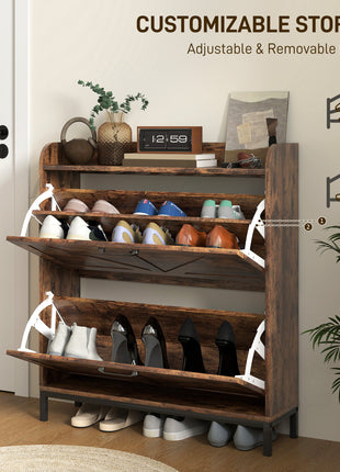 Shoe Cabinet Organizer with 2 Flip Drawers, Legs, Narrow Shoe Storage Cabinet for Entryway, Hallway, Rustic Brown