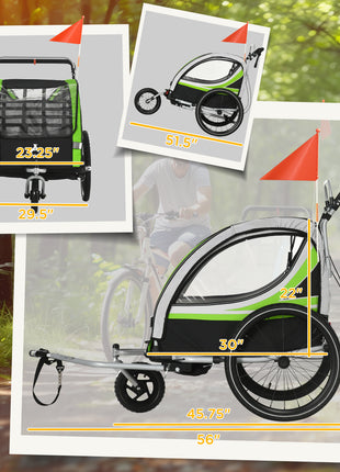 3-in-1 Bike Trailer for Kids, Running Stroller with 2 Seats, Jogging Cart with 5-Point Harness, Storage Units, Green