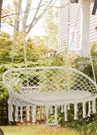 2-Person Hammock Chair Macrame Swing with Soft Cushion, Hanging Cotton Rope Chair for Indoor Outdoor Home Patio Backyard, White