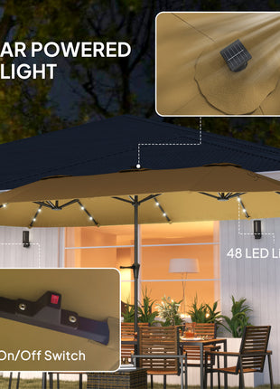 13ft Double-Sided Market Umbrella, Large Patio Umbrella with Solar Lights, Crank Handle for Garden, Pool, Yard, Khaki