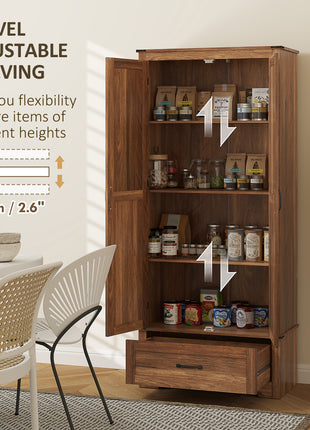 72" Farmhouse Pantry Cabinet with Adjustable Shelves, Kitchen Pantry Cabinet with 2 Doors, Brown