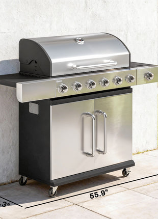 6 Burner Propane Gas Grill with Side Burner, Barbecue Grill with Cast Iron Grates, Wheels, Side Tables, Cabinet