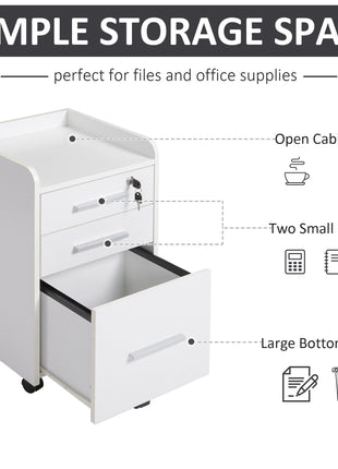 Lockable Filing Cabinet on Wheels, 3 Drawer Mobile File Cabinet with Lock and Edged Top, White