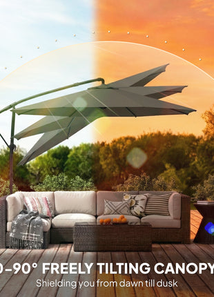 10 ft Offset Patio Umbrella with Cover, Hanging Cantilever Umbrella with 360° Rotation, Crank Handle, Tilt, Tan