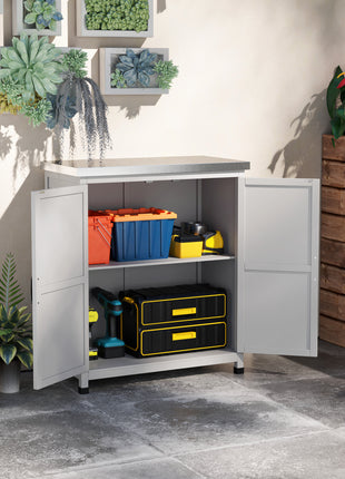 Wooden Storage Cabinet, Outdoor Prep Table with Metal Tabletop, Shelves and Double Doors for Patio, Garden, Gray