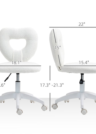 Armless Computer Desk Chair, Office Task Chair, Teddy Fleece Heart Makeup Vanity Chair with Swivel Wheels, White