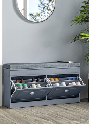 Modern Shoe Storage Bench, Entry Way Bench with Cushion, 2 Drawers, Storage Ottoman Bench, Holds 8 Pairs, Gray