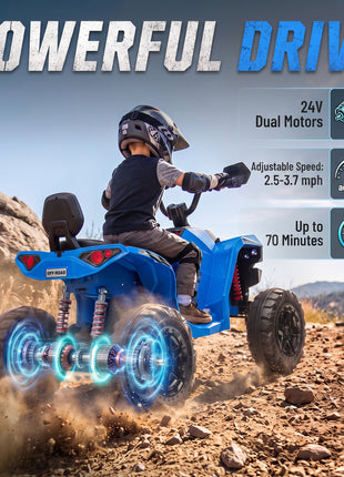 24V 2 Seater Ride On Toys, Kids ATV 4 Wheeler with Dual Motors, High & Low Speed for Boys Girls Aged 3-8 Years, Blue