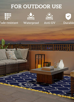 Reversible Outdoor Rug Carpet with LED Lights, 10' x 8' PP Straw Rug with Carry Bag and Ground Stakes
