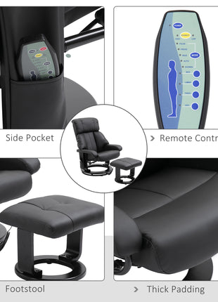 Massage Recliner Chair with Ottoman, 360° Swivel Recliner and Footstool, 10 Point Vibration, PU Leather Reclining Chair with Side Pocket and Remote Control, Black