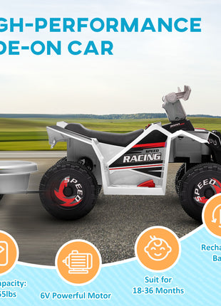 6V Electric Toy Car with Back Trailer, Forward Backward, Wear-Resistant Wheels for Ages 18-36 Months, White