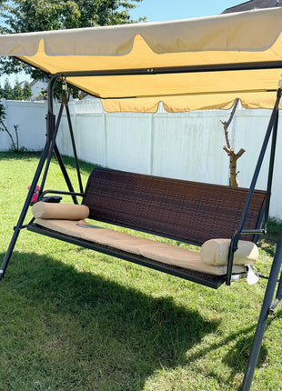 3-Seat Patio Swing Chair, Outdoor Canopy Swing Glider with Removable Cushion, Pillows, Adjustable Shade, and Rattan Seat, for Porch, Garden, Poolside, Backyard